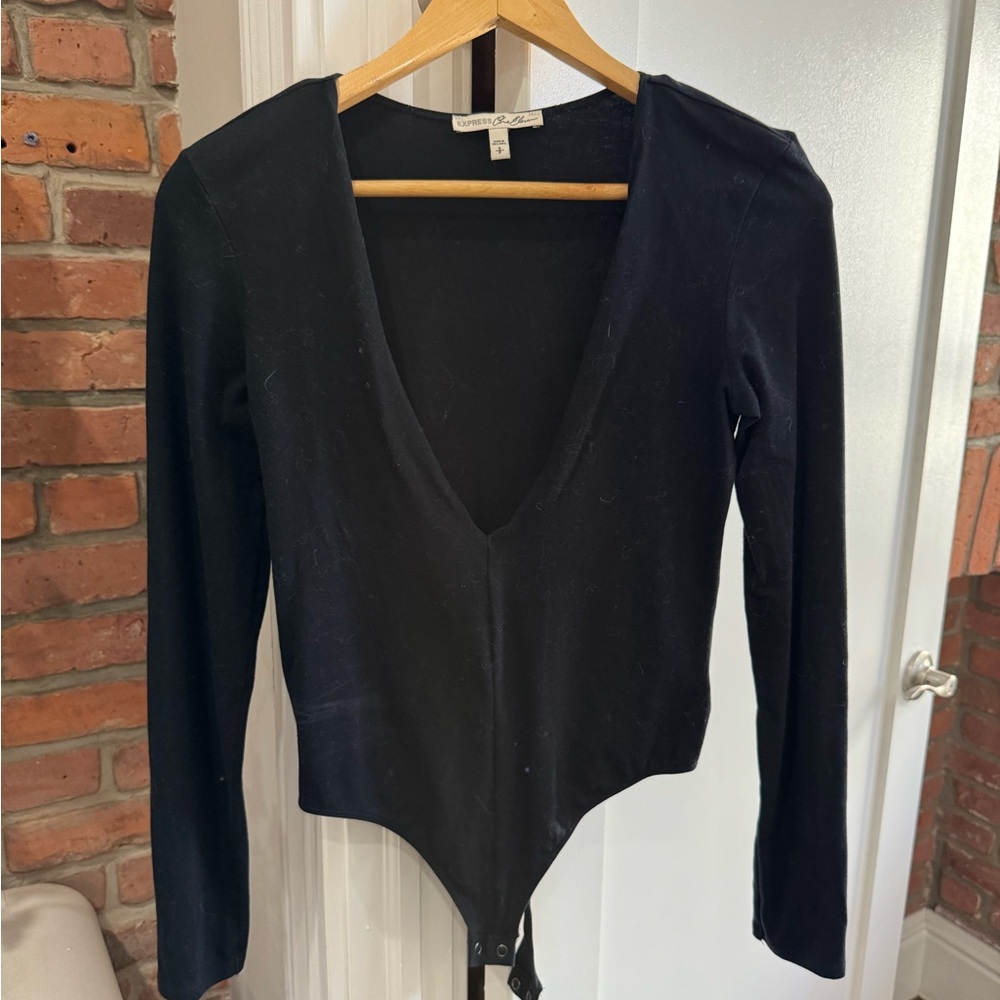 Deep V Long Sleeve Black Bodysuit